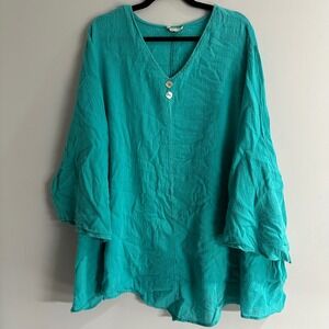 Roaman's Tunic Womens Plus Size Turquoise Gauze V-Neck Bell Sleeve Boho